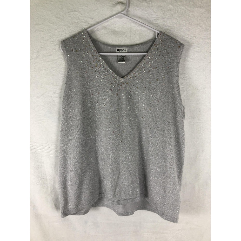 Vintage Units Sweater Womens 1X Silver Metallic‎ Beaded Sleeveless V Neck 90s